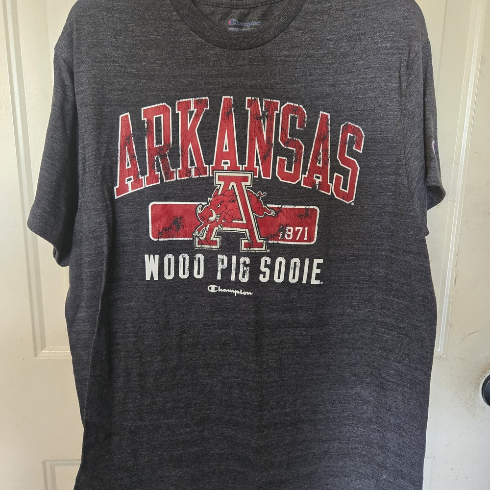 Champion Arkansas Woo Pig Sooie Graphic Tee - Gray and Red